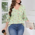 thumbnail image 3 of ZQUUVOU Women's T-Shirt Casual Printed Floral 3/4 Sleeve V-Neck Ruffle Blouse D-Green (L), 3 of 6