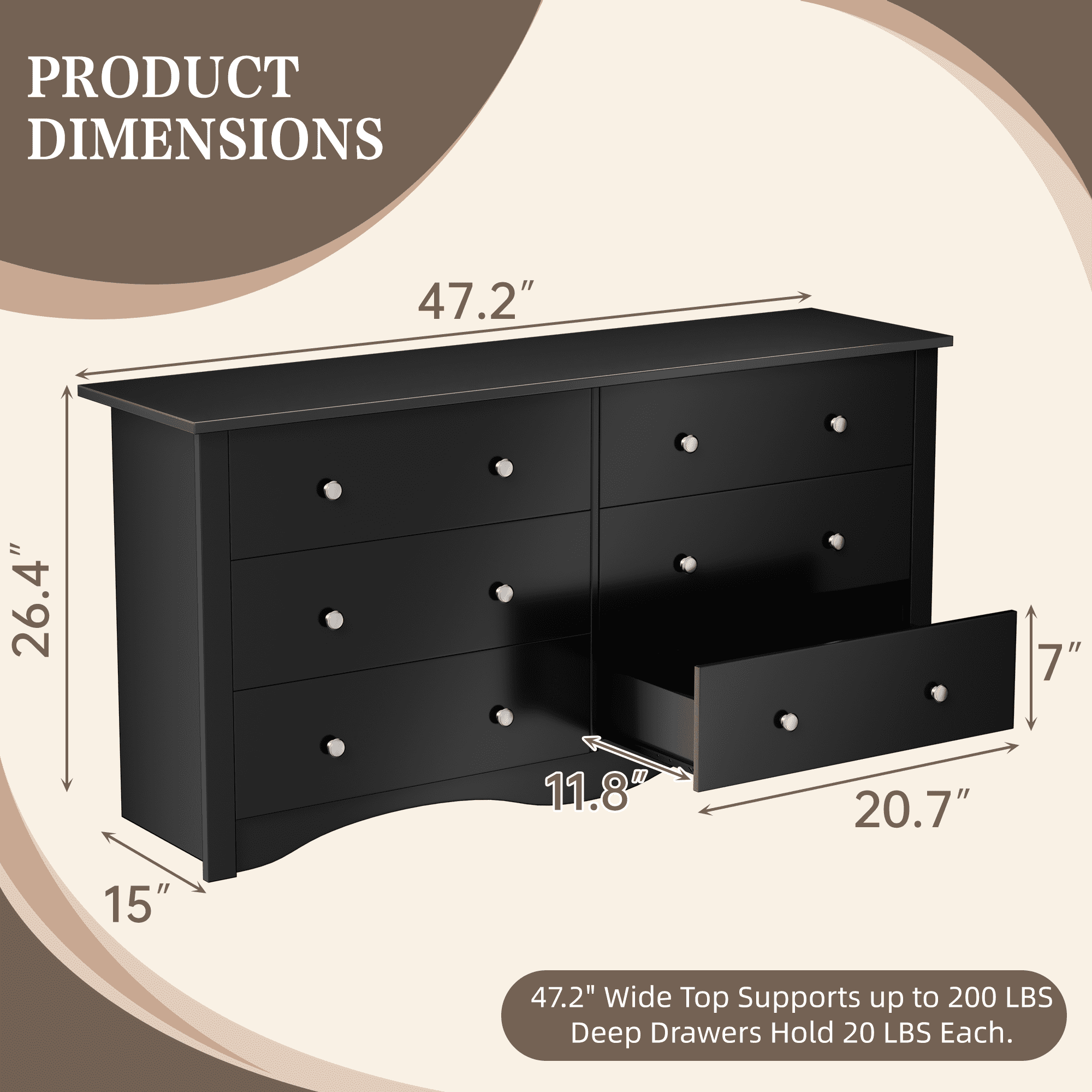 Homall 6 Drawer Double Dresser, Modern Chest of Drawers, Wood Storage Cabinet for Bedroom & Living Room, Black