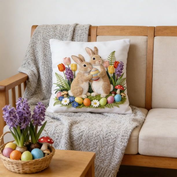 Funda de almohada de pelusa corta de 18 pulgadas, bonita funda de almohada decorativa bordada para sofá, dormitorio, sala de estar, decoración del hogar, cosas buenas de Pascua.