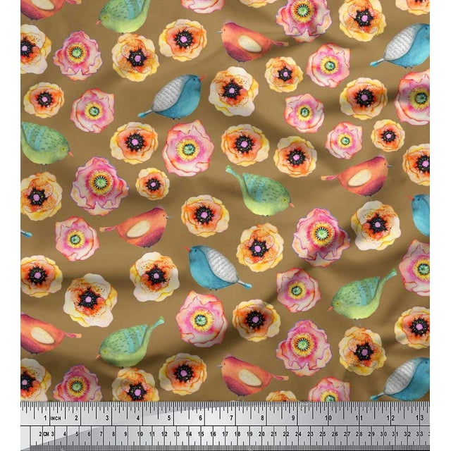 Soimoi Poly Georgette Fabric Bird & Anemone Floral Printed Craft Fabric by The Yard 42 Inch Wide