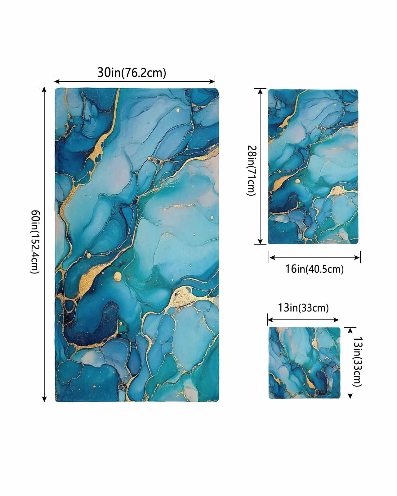 Modern Turquoise Towel Set of 3, Soft Microfiber Bath Towels, Hand Towel, Washcloths, Abstract Teal Gold Marble Textured Quick-Dry Absorbent Towels for Bathroom Kitchen Hotel Beach Gym Spa