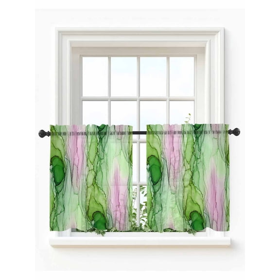 Green Pink Marble Tier Curtains 24 Inch Length,Sheer Curtains for Bedroom Living Room Modern Abstract Luxury Ombre Fluid Art Short Kitchen Curtains Drapes for Small Half Window 27.5"x24" 2 Panels