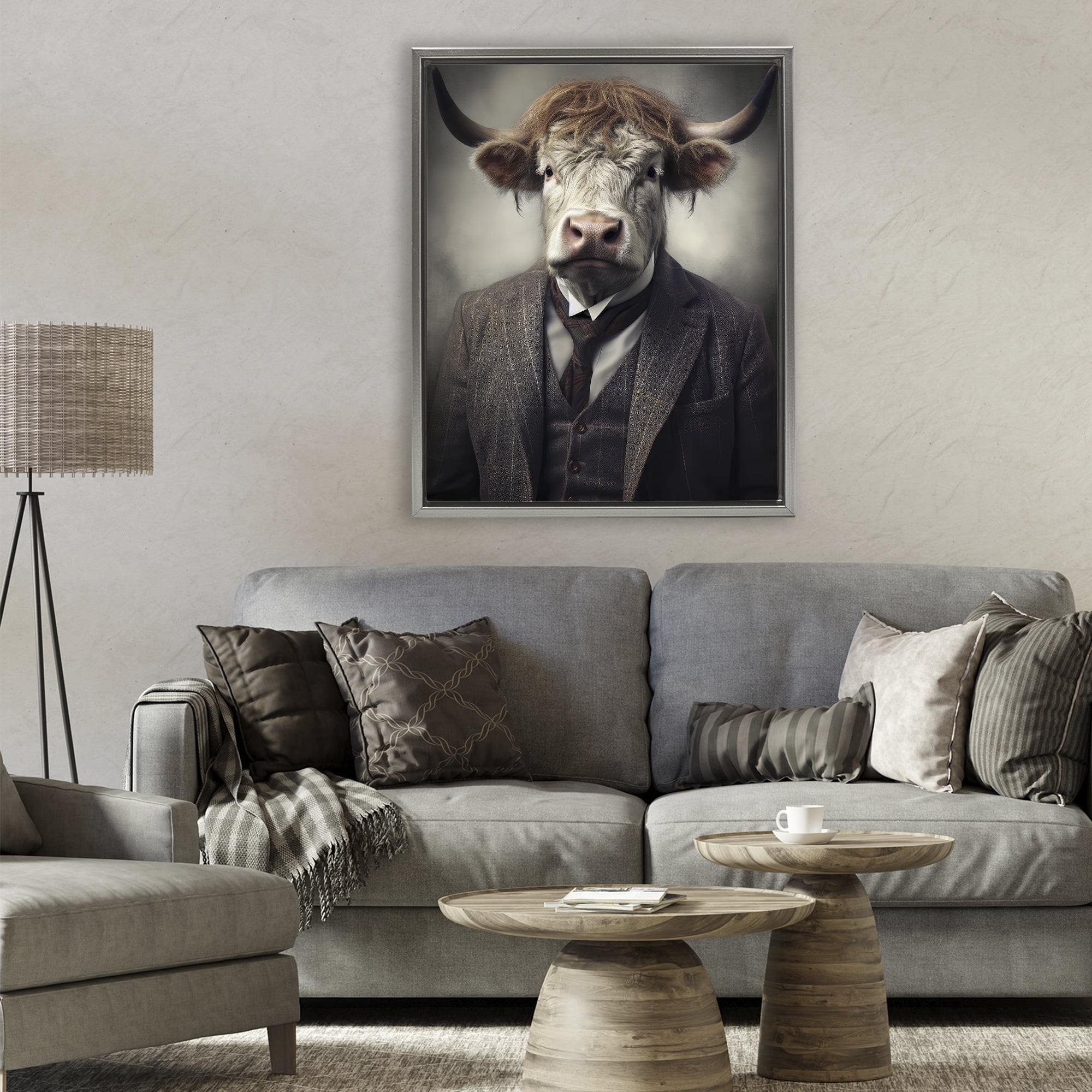 Stupell Industries Sophisticated Bull Portrait Gray Framed Floater Canvas Wall Art, design by Ray Powers