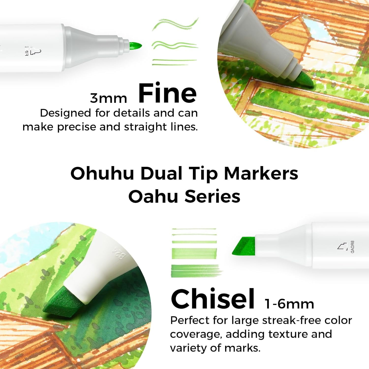 Ohuhu Oahu Series 24 Color Markers Set Fine-and-Chisel Dual Tips Alcohol Art Markers