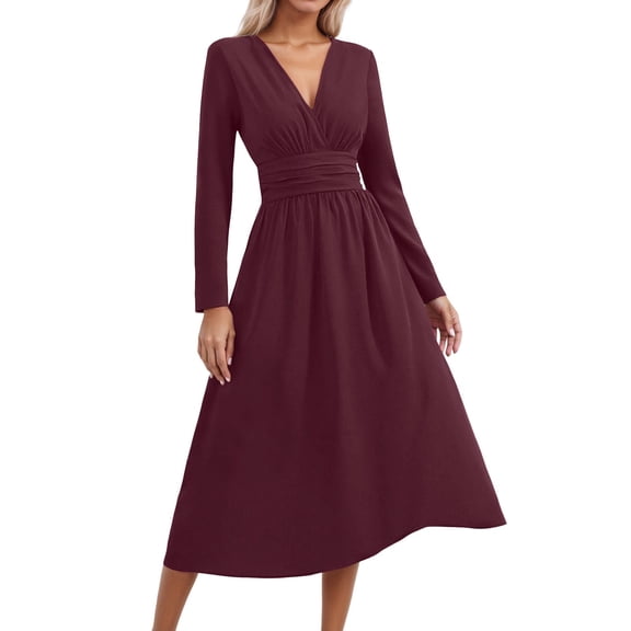 Afdoent Women's Dresses Long Sleeve Dress Style Summer Autumn Elegant Beach Dresses Long V Casual Dress Travel Outfits