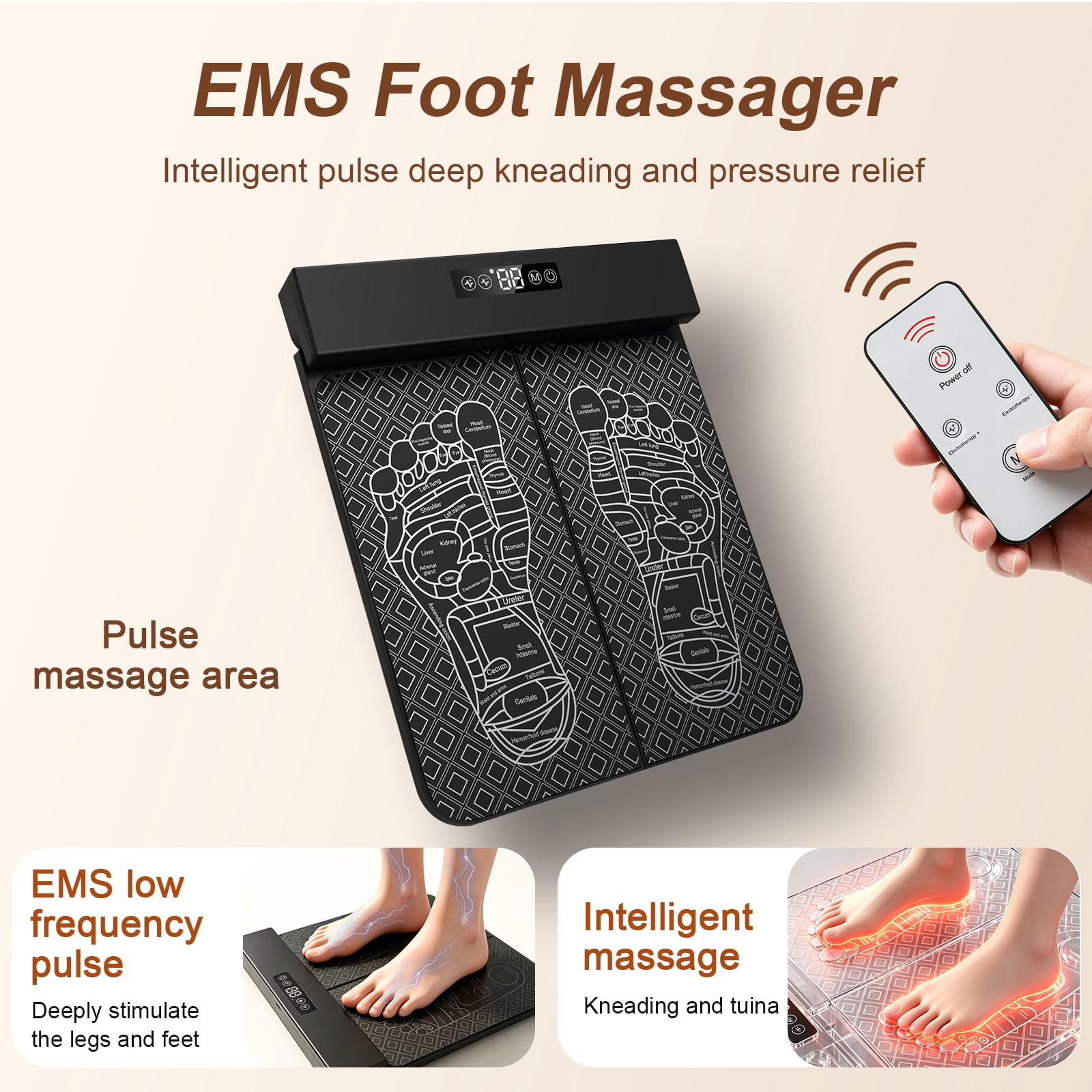 EMS Foot Massager Mat, 8 Modes & 32 Intensities Rechargeable Foot Massage Pad with Remote Control, Foldable Portable Electric Foot Massager for Fatigue Relief, Leg Shaping & Foot Acupoint Stimulation