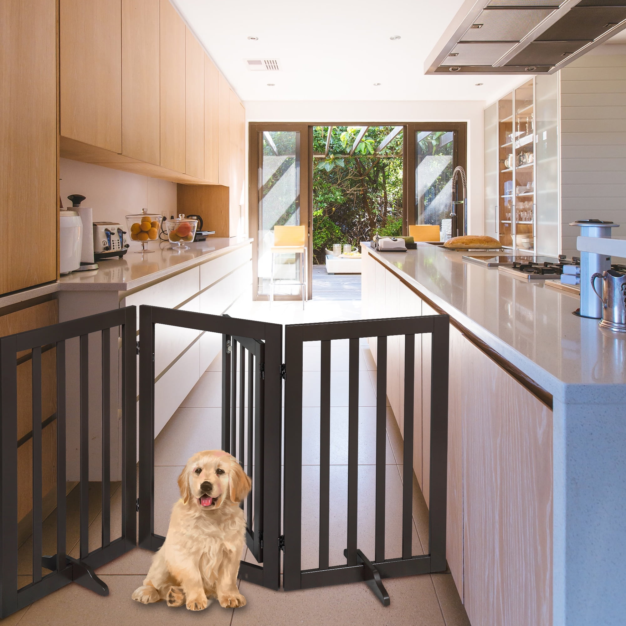 Kepooman 3 Panel Folding Wooden Safety Dog Gate with 2 Nonslip Foot Supporters for Puppy, Brown Kepooman 3 Panel Folding Wooden Safety Dog Gate with 2 Nonslip Foot Supporters for Puppy, Brown