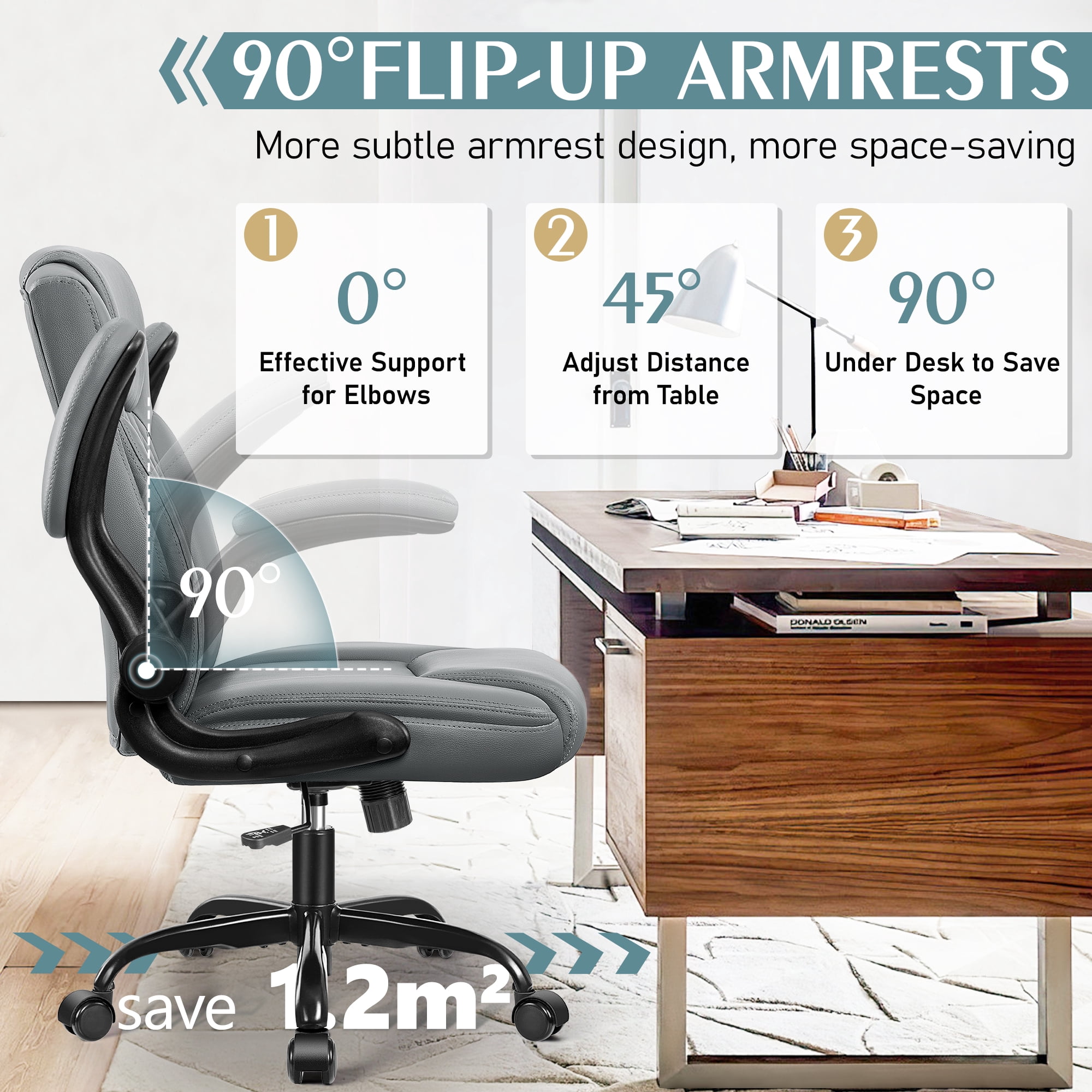Brick Attic Leather Office Chair, Home Computer Desk Chairs with Ergonomic Back Support, 360°Swivel Free, Small Gaming Chair with Wheels and Adjustable Armrests, Gray