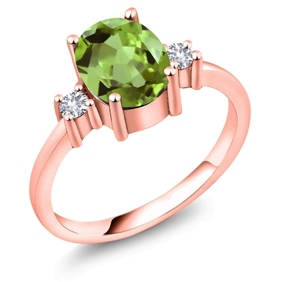 Gem Stone King 2.20 Ct Oval Green Peridot White Created Sapphire 18K Rose Gold Plated Silver Ring (Size 5)