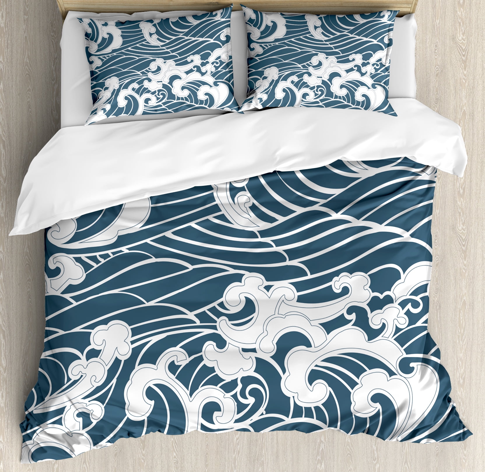 Japanese Wave Queen Size Duvet Cover Set, Hand Drawn Traditional Style Aqua...