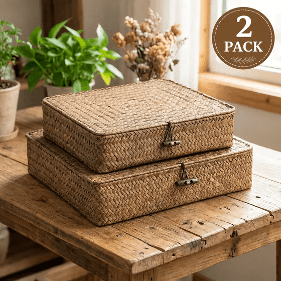Woven Basket,Wicker Storage Baskets For Shelves, Book Bins, Set of 2 Natural Seagrass Flat Woven Lidded Storage Baskets, Stackable Rectangular Organizer Boxes for Cabinets, Bookshelves and Countertop
