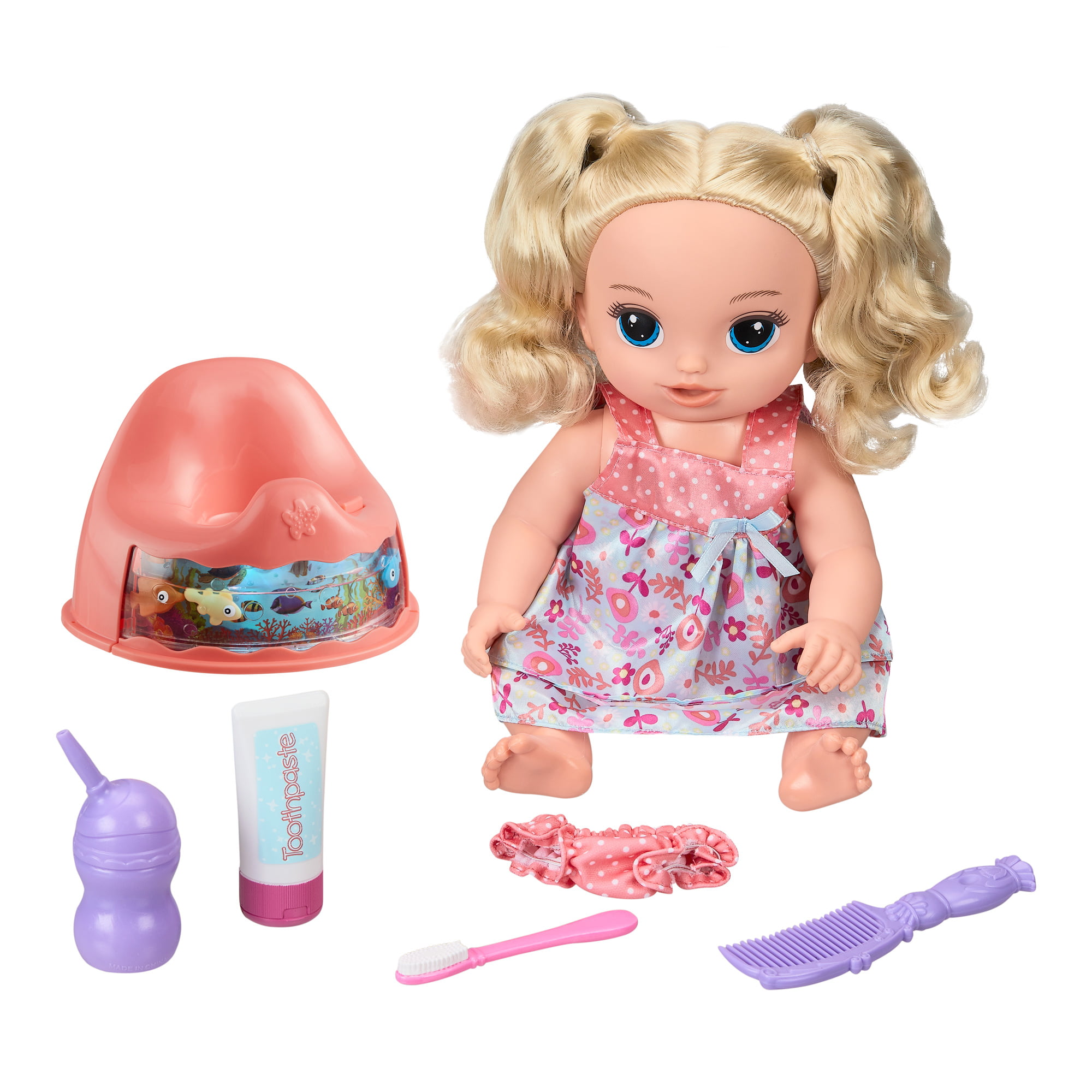 TINY MINI BABY DOLL DRESSED IN CUTE DRESS SITTING IN BUMBEE WITH BOTTLE  new 