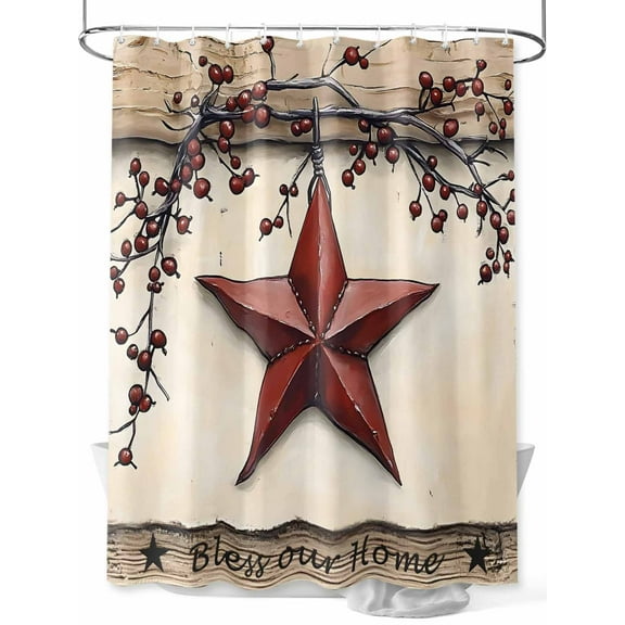 Farmhouse American Shower Curtain, Country Star Berries Vintage Wood Grain Waterproof Shower Curtain Set with 12 Hooks Lightweight Washable Fabric Shower Curtains for Bathroom 48x72 Inches