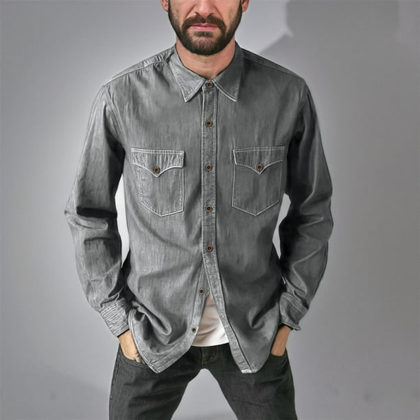 pstuiky Camisas casuales de manga larga para hombre, Camiseta lisa de manga larga con cuello vuelto para hombre, informal, elegante, cómoda, con bolsillos y botones, con capucha xl