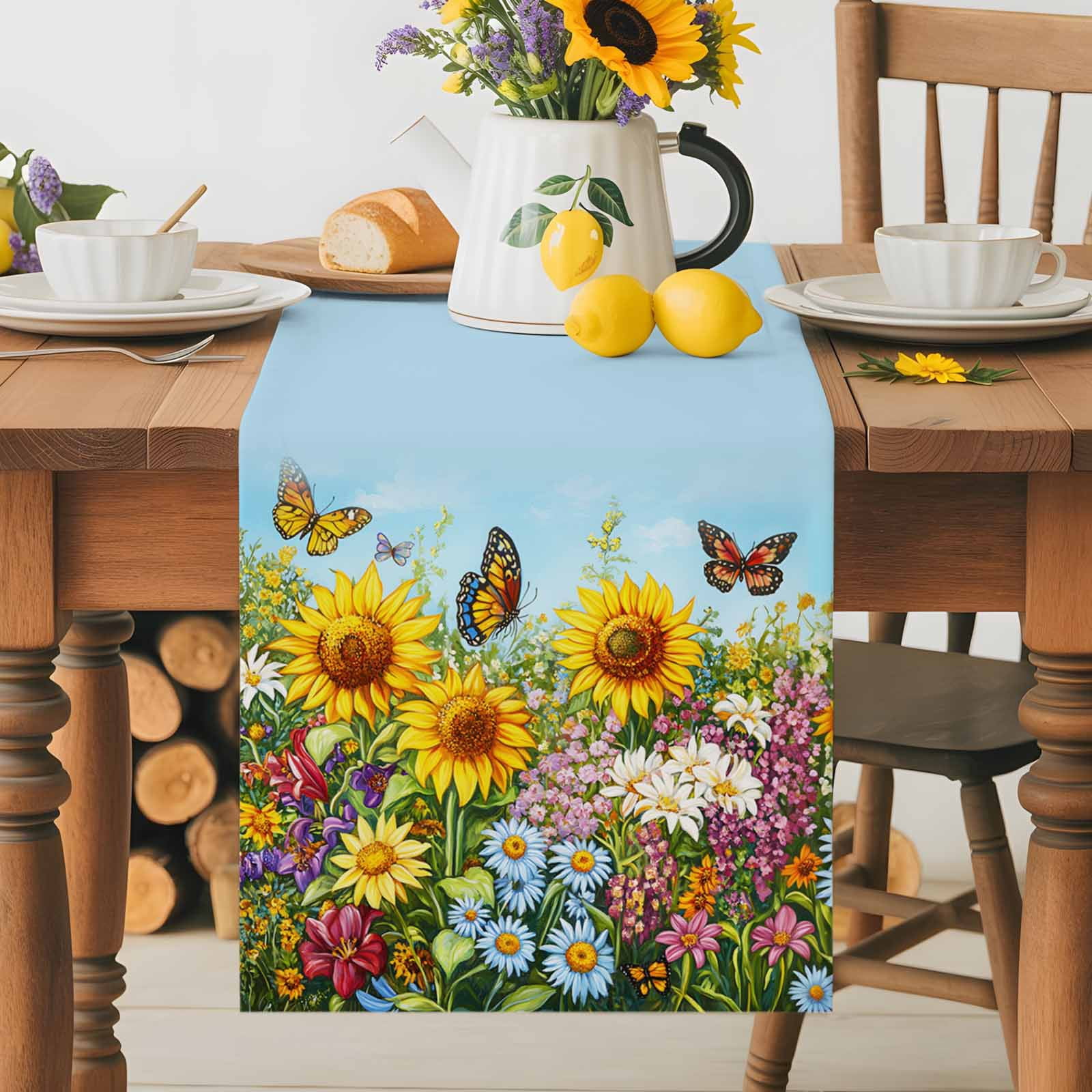 Summer Idyllic Sunflower Daisy Butterfly Table Runner 90 Inches Long, Watercolor Flower Table Runners Tabletop Scarf Kitchen Dining Tables Decoration for Home Party Indoor Outdoor