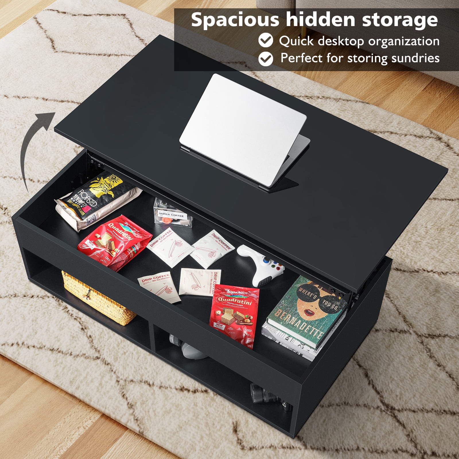 Hommpa Lift Top Coffee Table with Hidden Compartment High Gloss Black Coffee Tables LED Center Rising Cocktail Table for Living Room Accent Furniture
