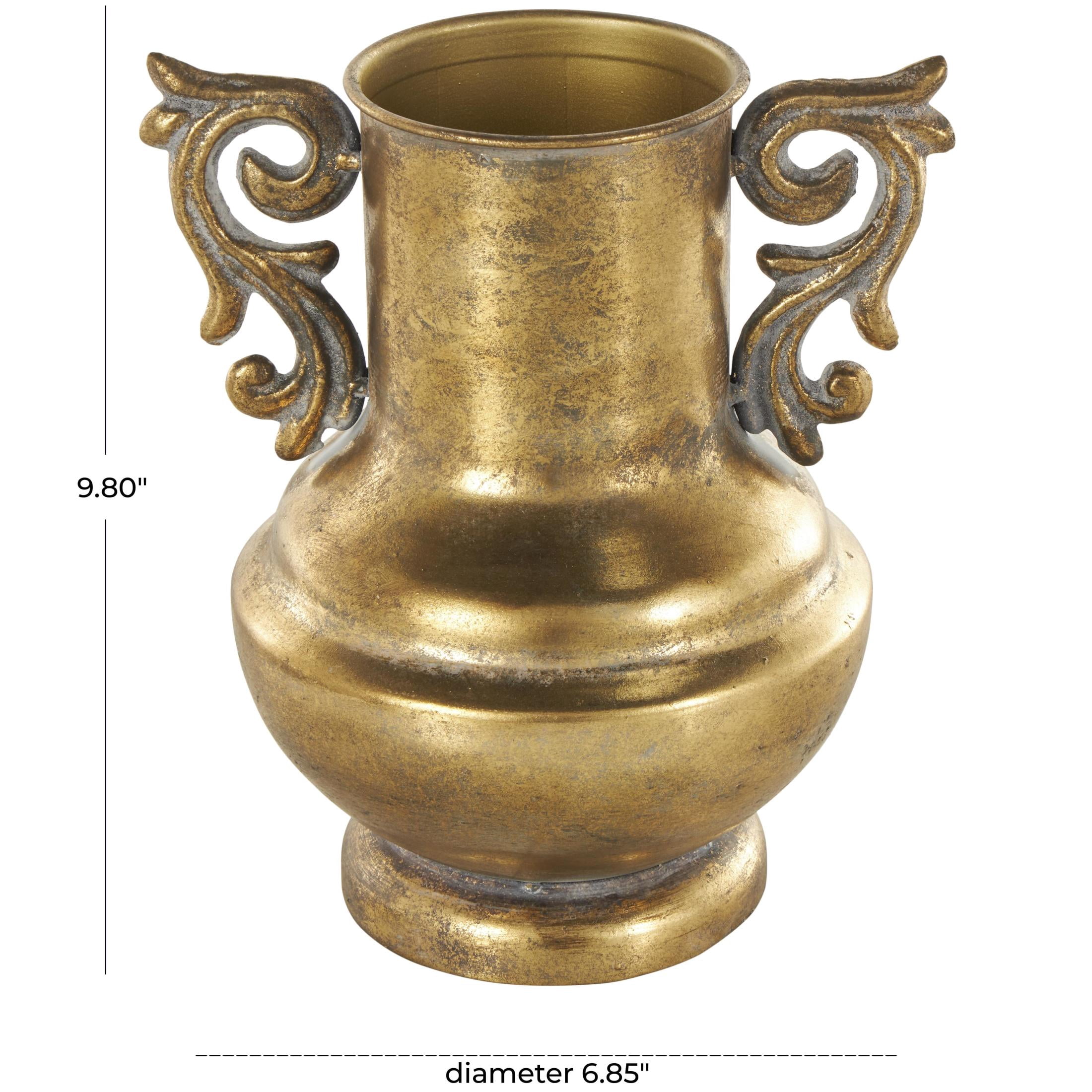 DecMode 10" Scroll Weathered Vintage Amphora Gold Metal Vase with Handles