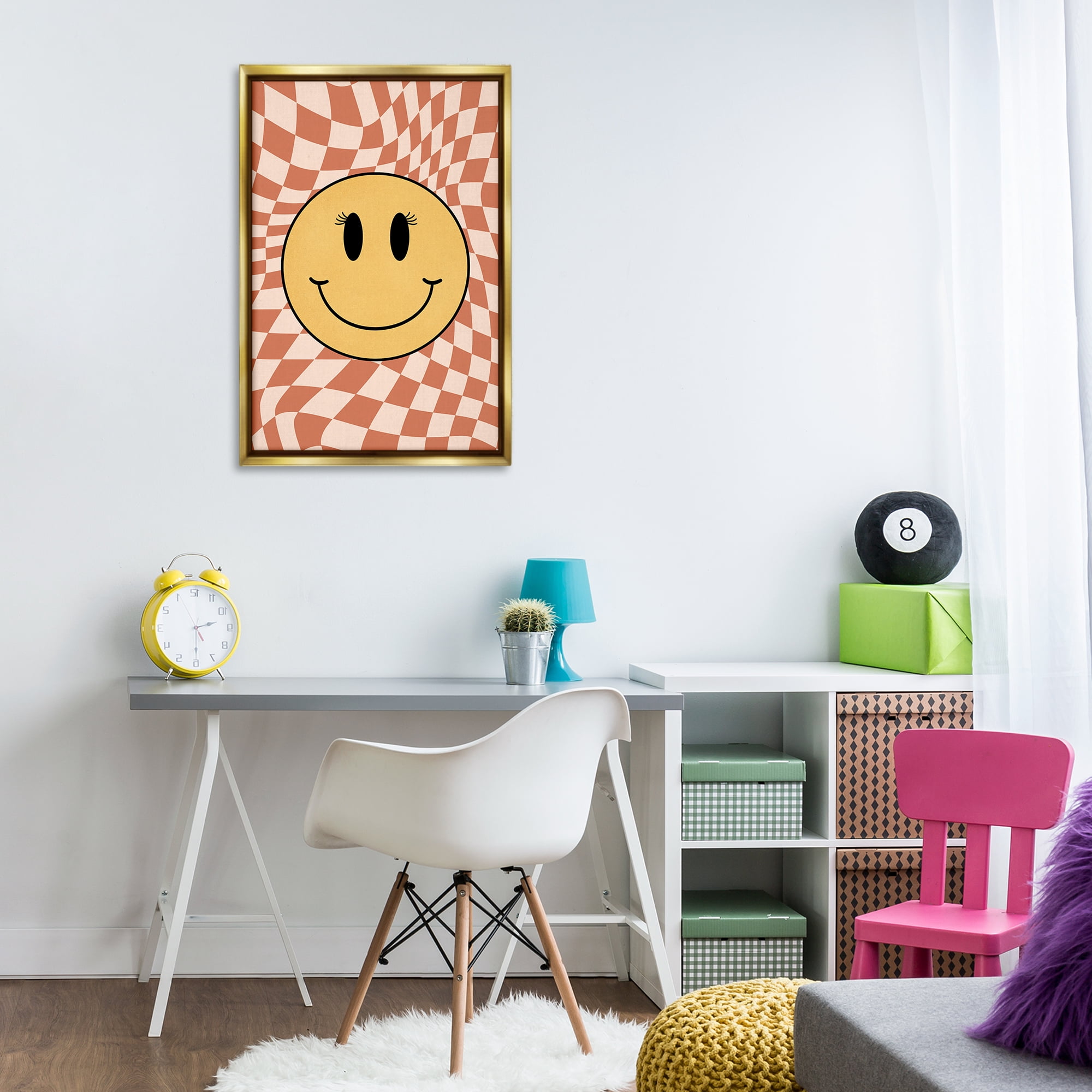 Stupell Industries Retro Checkered Smiley Novelty & Humor Painting Gold Floater Framed Canvas Art Print Wall Art, 21 x 31