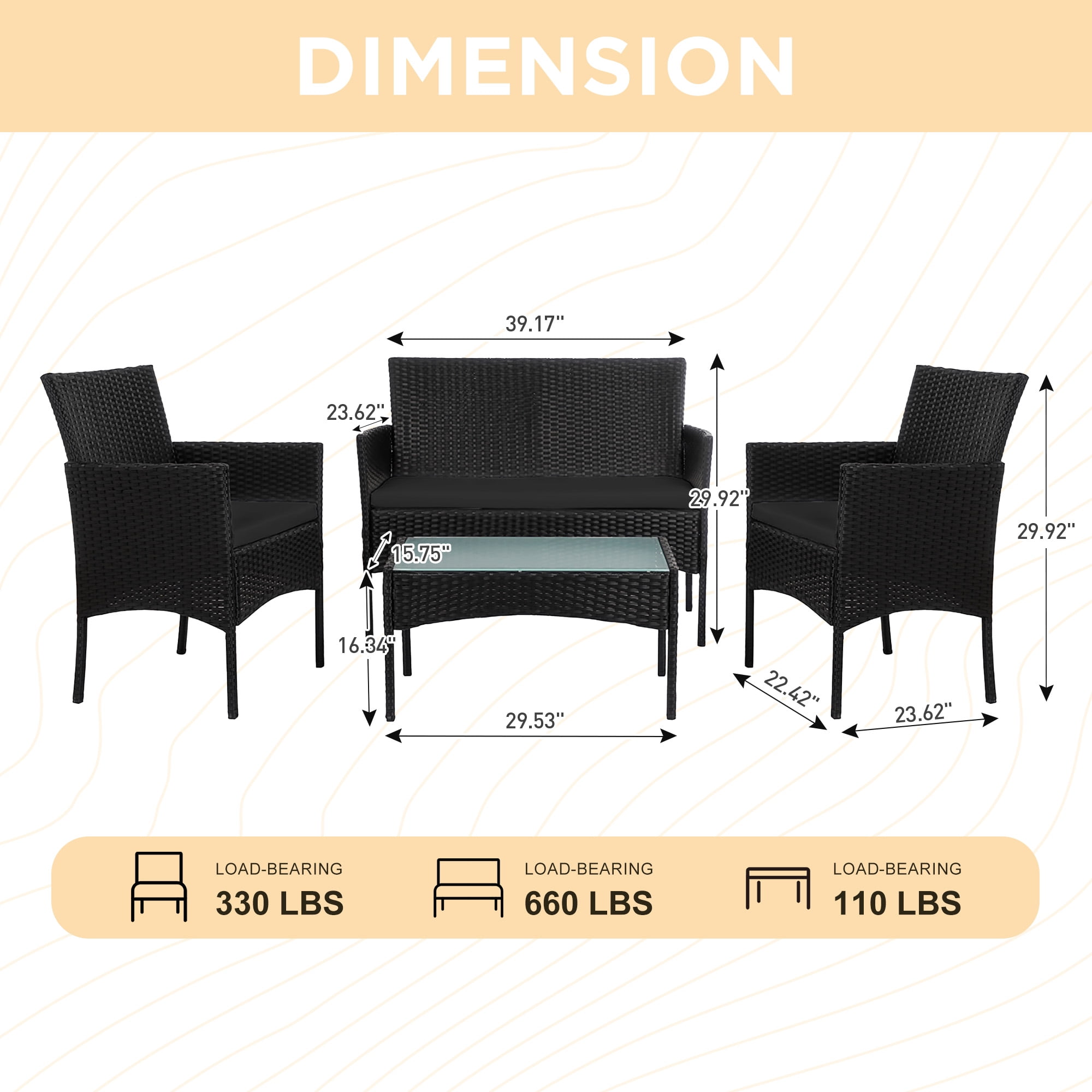 Tappio 4 Piece Patio Conversation Wicker Furniture Set, Porch Furniture Outdoor Sectional Furniture Set w/Side Table & Cushions, Wicker Sofa Garden Conversation Set for Yard Pool Backyard,Black/Black