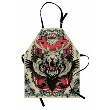 Animal Apron Abstract Gothic Drawing of a Leopard Head with Horns and Wings Floral Ornaments Art, Unisex Kitchen Bib Apron with Adjustable Neck for Cooking Baking Gardening, Multicolor, by Ambesonne