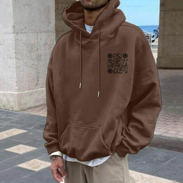 MHFRRA Suéter Unisex con Capucha, Mangas Largas y Bolsillos, Estampado de Código Qr En Color Liso, para Otoño E Invierno Café