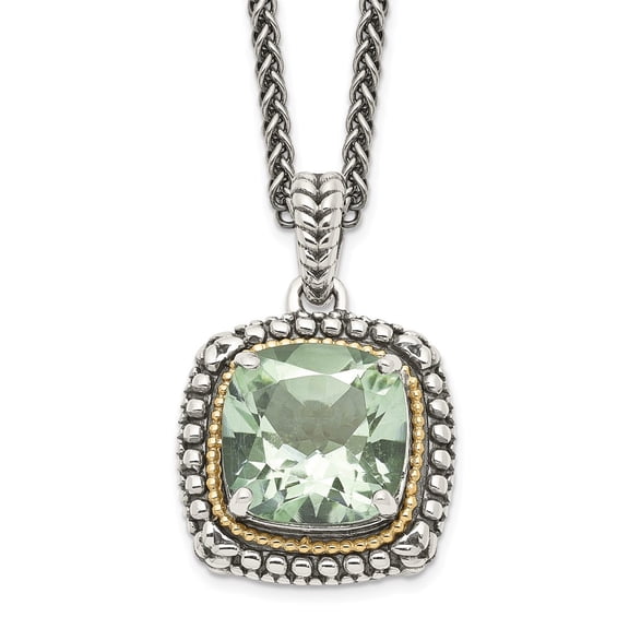Auriga 925 Sterling Silver 1 mm with 14K Accent Antiqued Cushion Green Quartz Necklace for Women 18"
