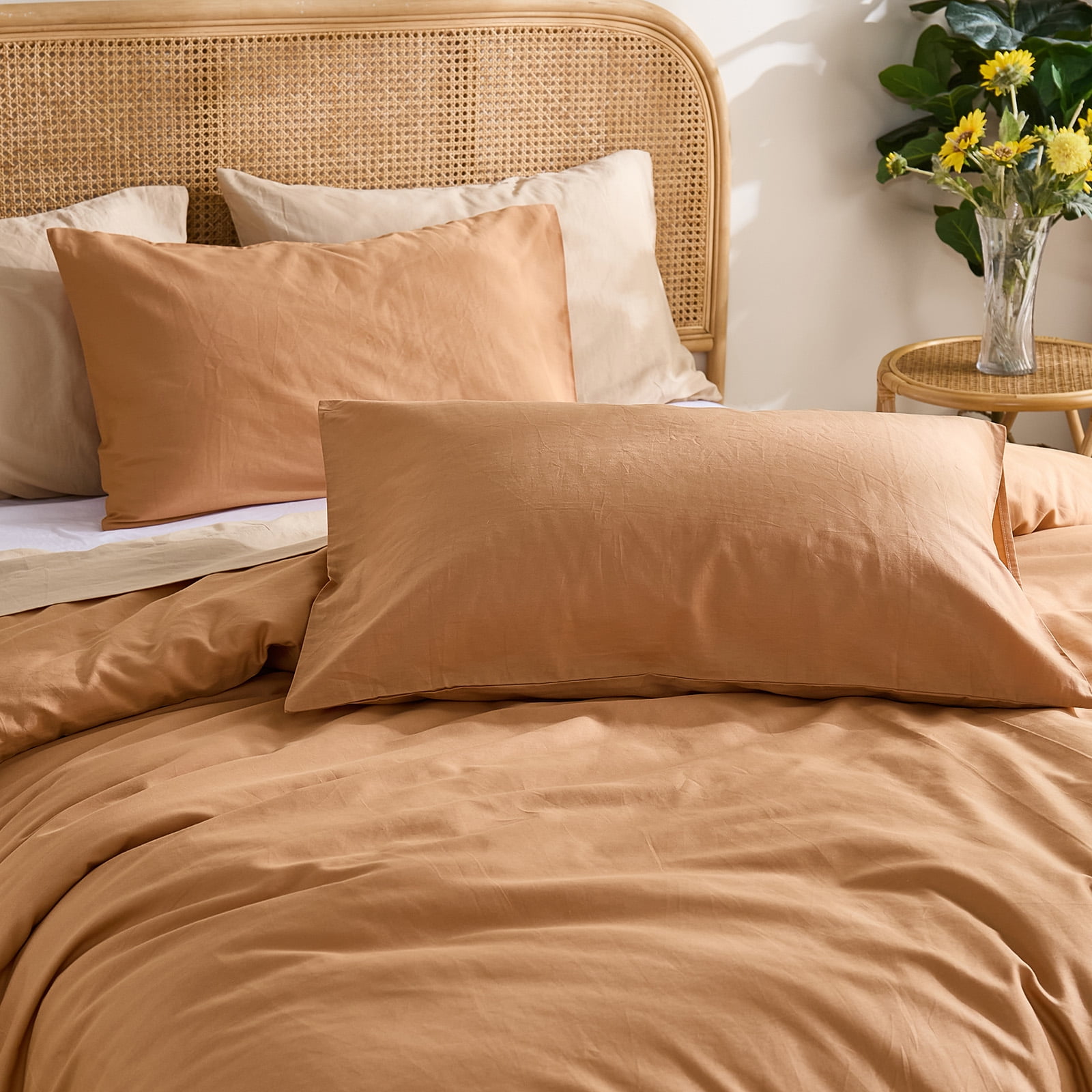 100% Washed Cotton Duvet Cover –Burnt orange, Linen-Like Texture, Super Soft & Breathable Bedding Set, 3-Piece Durable Percale Comforter Cover