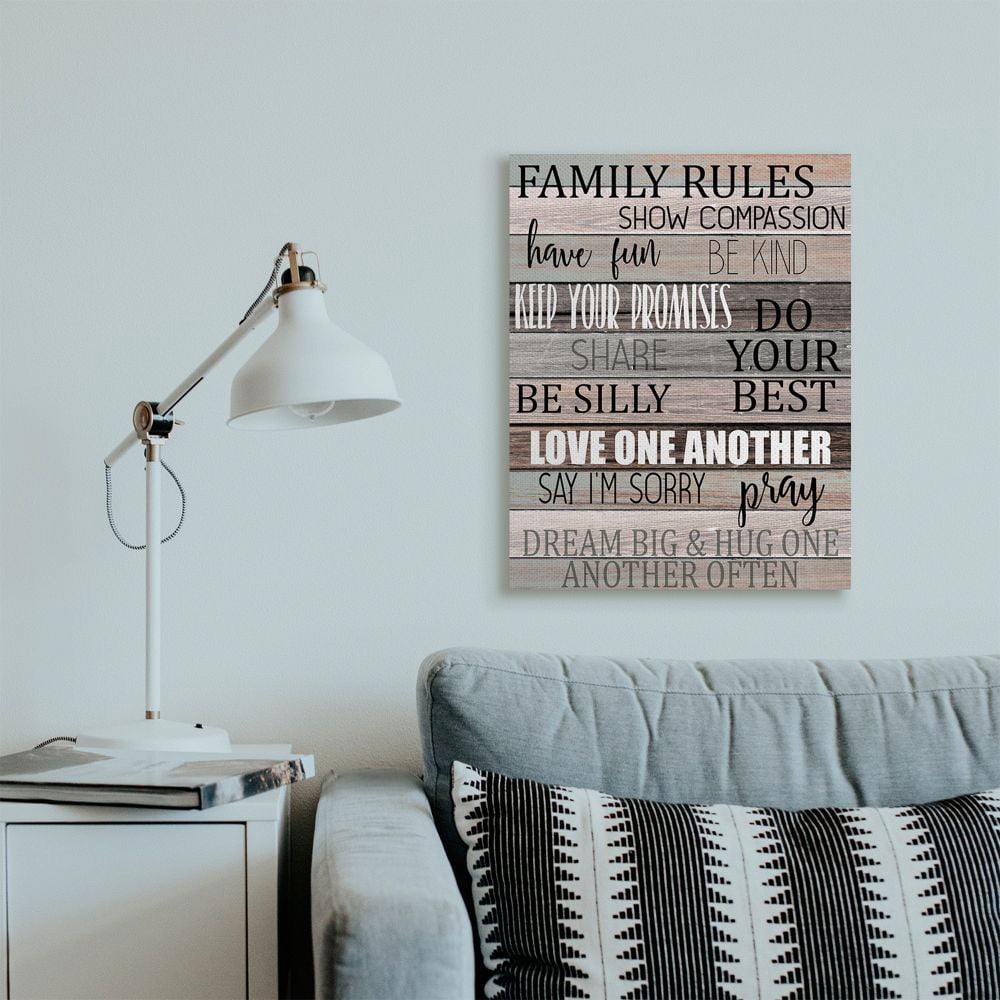Stupell Industries Family Rules Text Fun Wood Grain Rustic Tan Teal Canvas Wall Art Design by Kim Allen, 24" x 30"