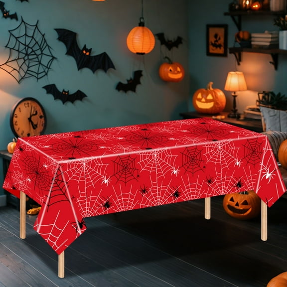 BGZLEU 42 x 70 Inch Spider Web Plastic Tablecloth - Spiderweb with Spiders Designs, Disposable Rectangle Table Cover for Dining, Birthday, Halloween, Spooky Themed Decorations (Red)