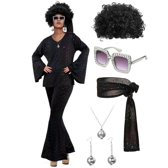 Set de disfraces Jexine para Halloween de los 70, Disco Party, para mujer, color negro