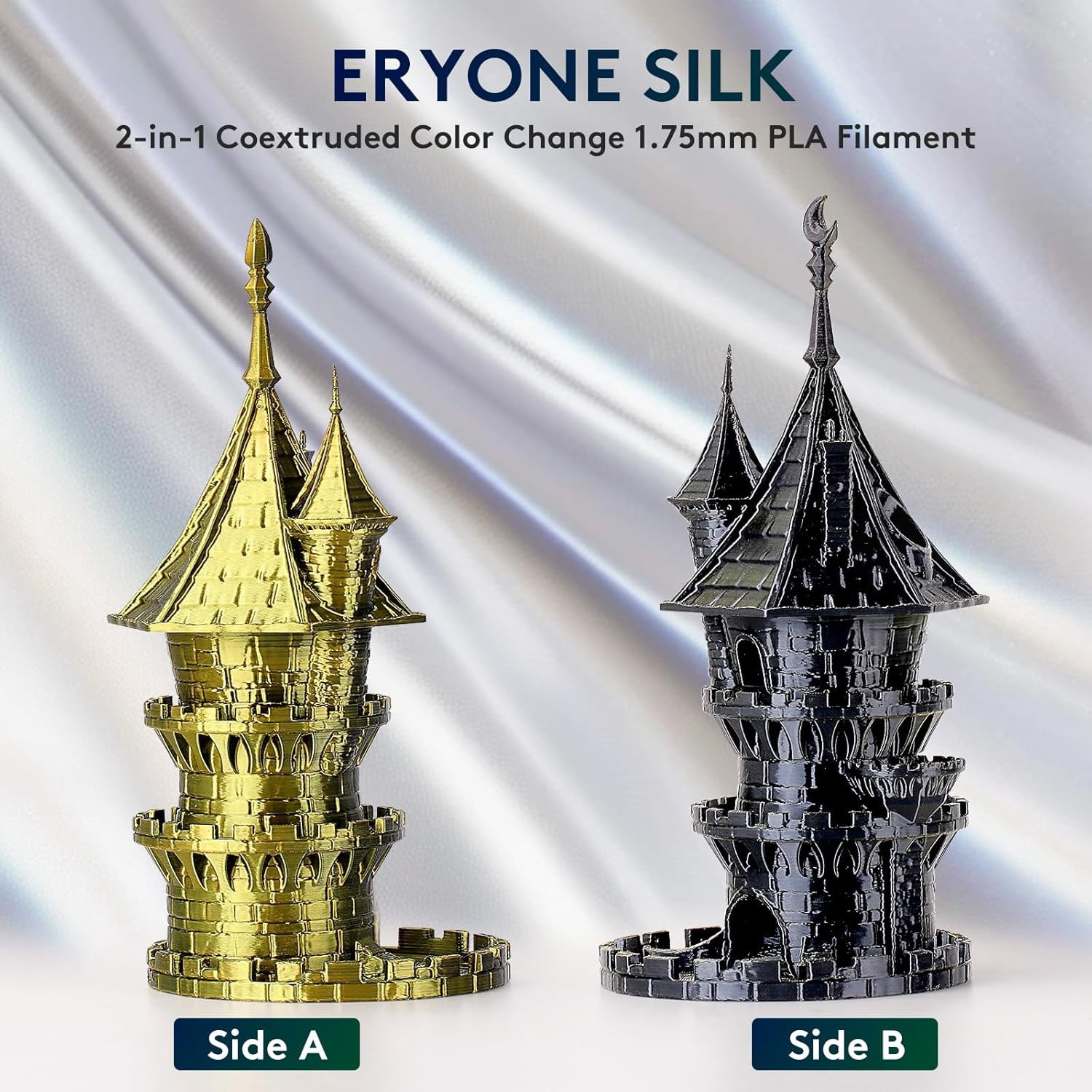 Silk Dual Color PLA Filament 3D Printer 1.75mm +/- 0.03mm, Bicolor Filament Two Tone PLA 1KG(2.2lbs) Cardboard Spool, Black Gold