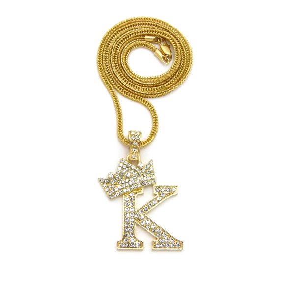 Stone Stud Allover Tilted Crown Initial K Pendant w/ 3mm 24" Fox Chain Necklace, Gold-Tone