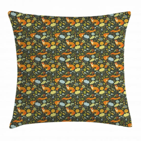Woodland Throw Pillow Cushion Cover, Forest Fauna Design Fox Squirrel and Birds on Dark Toned Backdrop Nature Elements, Decorative Square Accent Pillow Case, 20 X 20 Inches, Multicolor, by Ambesonne