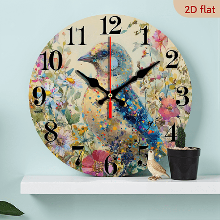 10-Inch Modern Floral Bluebird Wall Clock - Silent Non-Ticking Japanese Movement, Pastel Pink Blue Floral Design with Black Hands, Easy-to-Read Large Face, Battery-Powered Includ