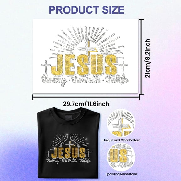 Rhinestone Iron on Transfer Cross with Jesus Bling Diamond Hotfix Patches for Clothes 11.6"x8.2" Large Iron On Sequin Applique for Jeans Jacket Caps Bag T-Shirts Shoes DIY Decor