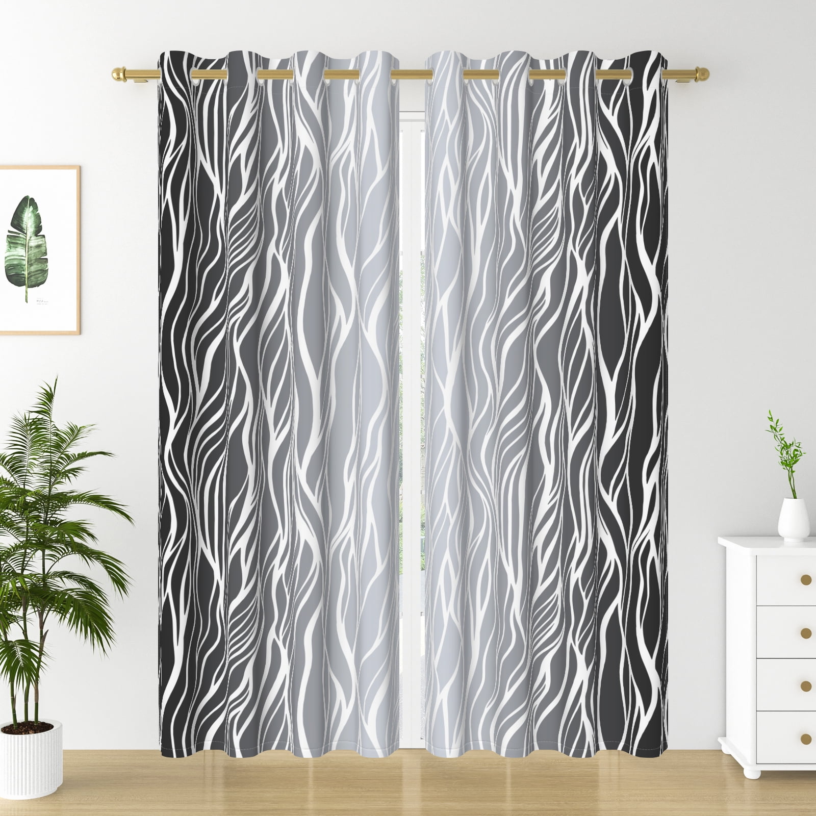 Nanqianyi Black and Grey Ombre Blackout Curtains 52" Wx63" L for Bedroom Living Room, Gradient Wavy Line Thermal Insulated Grommet Drapes 2 Panels