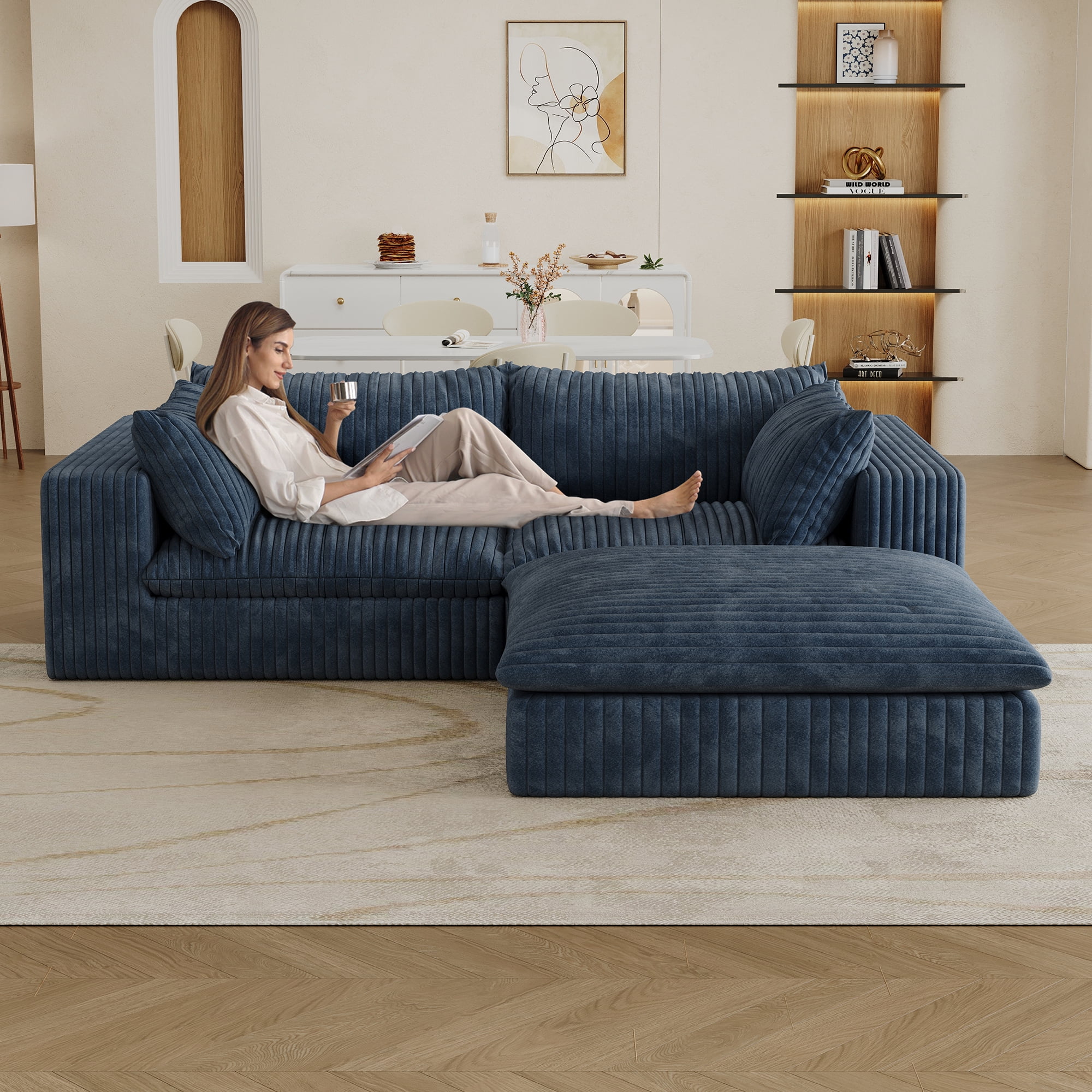 MAYEERTY 78.8" Cloud Sofa Blue Corduroy Fabric Deep Seat Double-Layer Design Removable Cushion No Assembly DIY Combination for Multi-Rooms