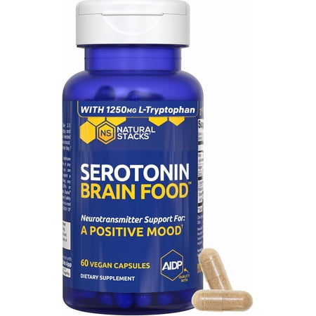 NATURAL STACKS Serotonin Brain Food w/ L-Tryptophan & Rhodiola Rosea - Mood Support Supplement - Promotes Positive Mood, Calmness, Stress Relief - Happy Mood & Brain Support Supplement - 60 Capsules