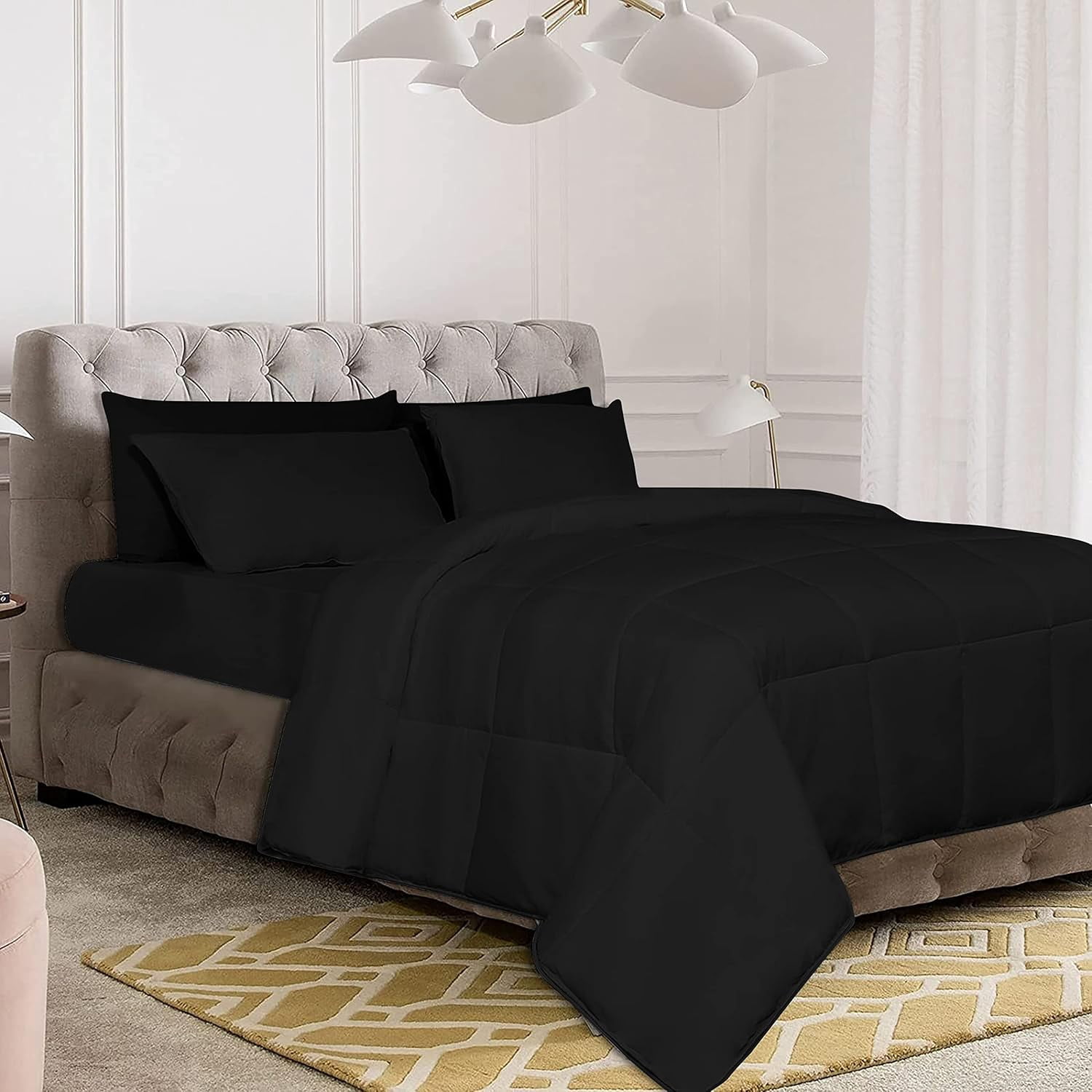 D.N.G. BEDDINGS Deluxe All Seasons King/Cal King Size 800 Thread Count, Solid Black Down Alternative 1 Piece Box Design Comforter Set 100% Egyptian Cotton