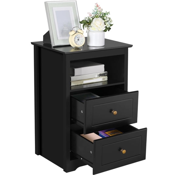 Yaheetech Black Nightstand With 2 Drawers And Open Shelf, Modern Bedside