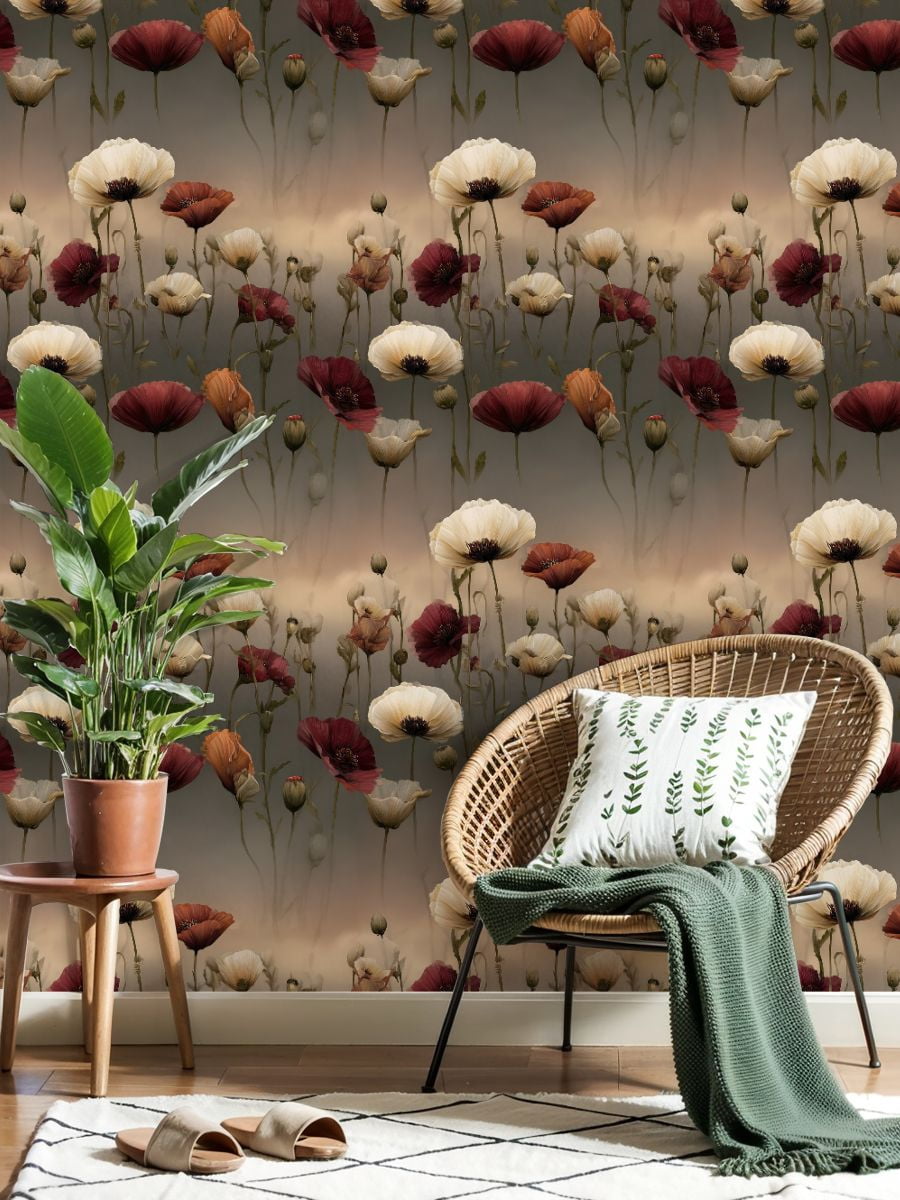 Vintage Peel and Stick Wallpaper Poppy Field Twilight Serene Glowing Blooms Soft Petal Wall Mural 23.6in x 9.8ft Self Adhesive Removable Wall Paper Floral Contact Paper for Nursery Bedroom Cabinets