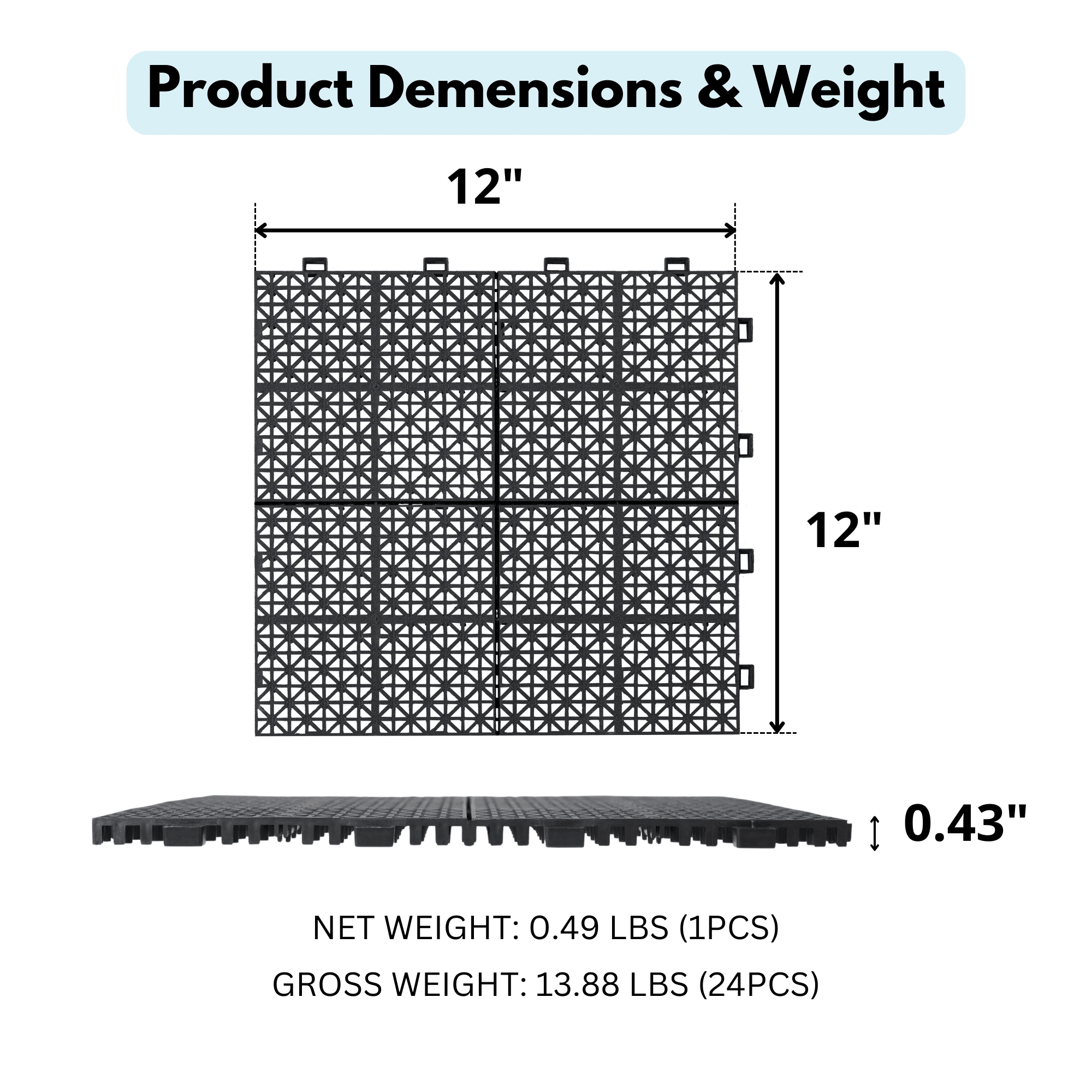 Black Interlocking Deck Tiles Plastic Waterproof Outdoor All Weather Anti-slip Bathroom Shower Pack of 24