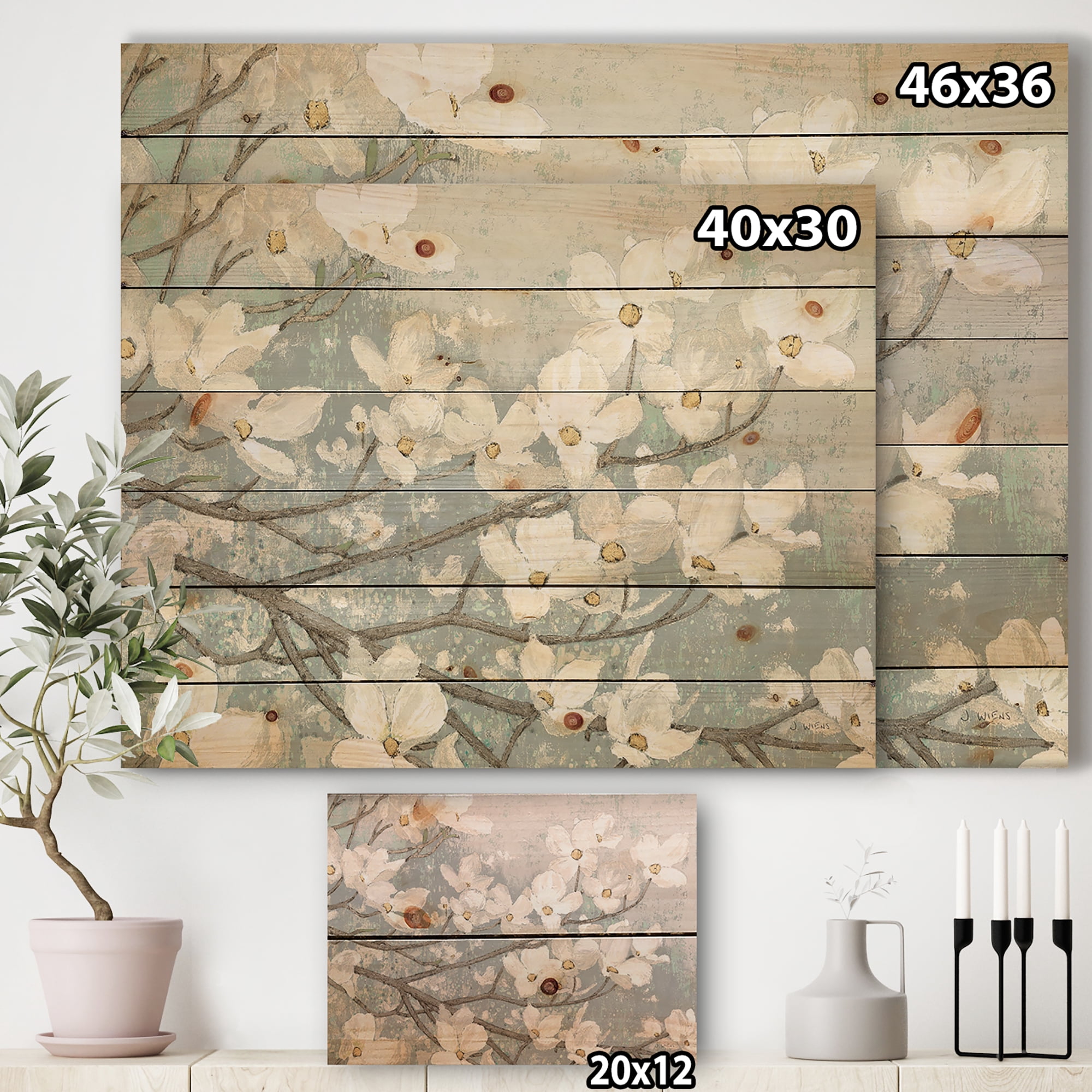 Designart 'Blue on Grey Blossoms Flower Branches' Traditional Print on Natural Pine Wood