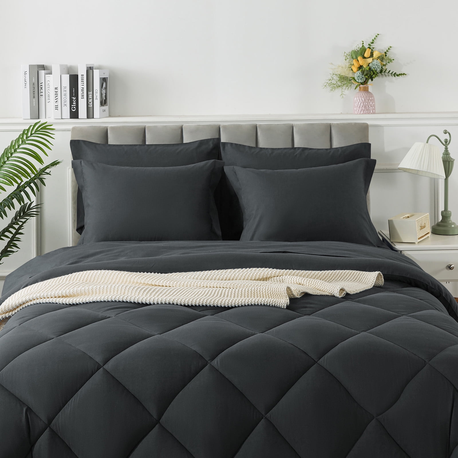 Wishead Queen Bed in a Bag Comforter Set with 7 Pieces - Dark Gray All Season Bedding Sets with Comforter, Pillow Shams, Flat Sheet, Fitted Sheet and Pillowcases