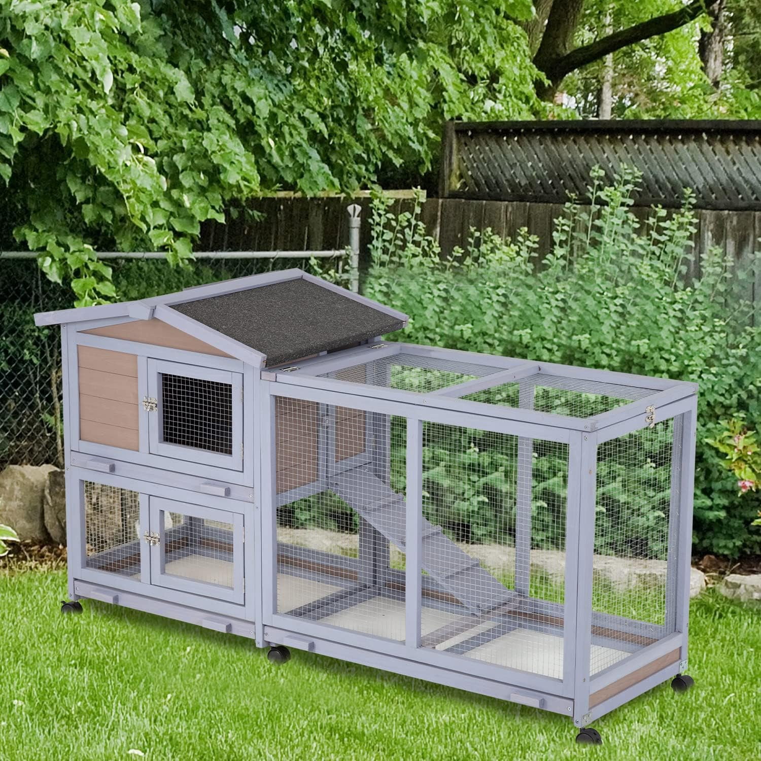 Wood Rabbit Hutch Rabbit Cage Bunny Hutch Rolling Large Bunny Cage Indoor Outdoor Two Story Guinea Pig Hamster Hutch Rabbit House with Wheels