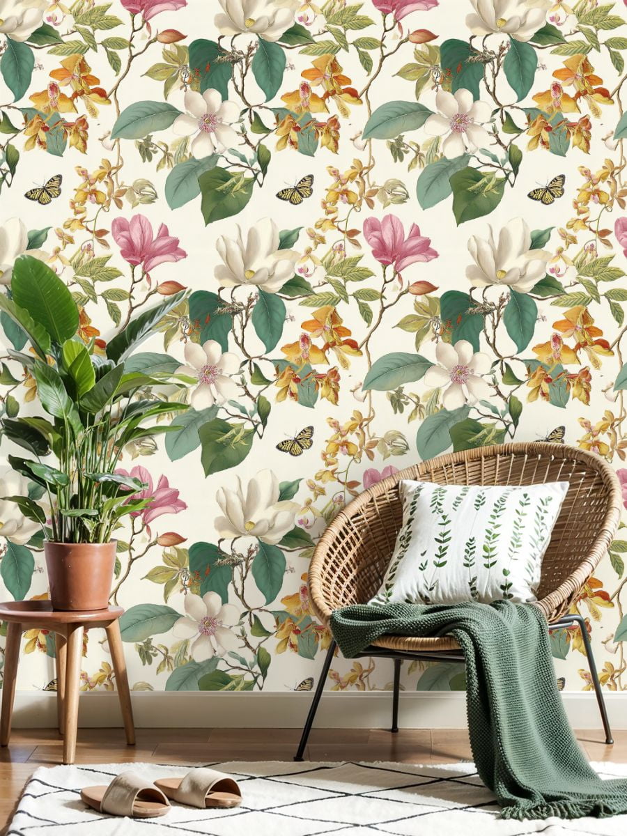 Boho Peel and Stick Wallpaper Vintage Floral Orchids Magnolias Butterflies Wall Mural 17.7in x 9.8ft Self Adhesive Removable Wall Paper Renter Friendly Wallpaper for Nursery Bedroom Cabinets