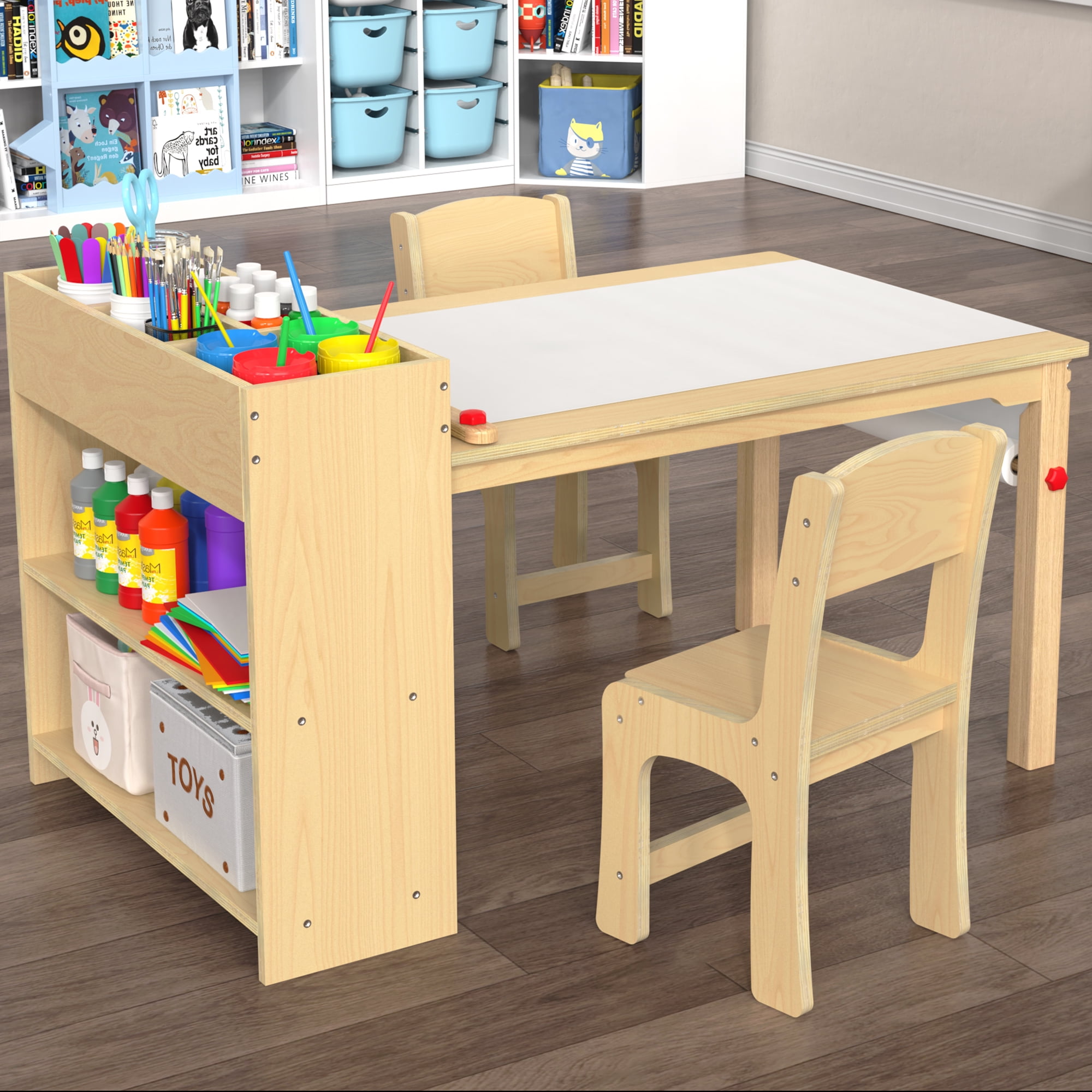 GDLF Kids Art Table and Chairs Set Craft Table with Large Storage Shelves Drawing Desk, Made of Plywood