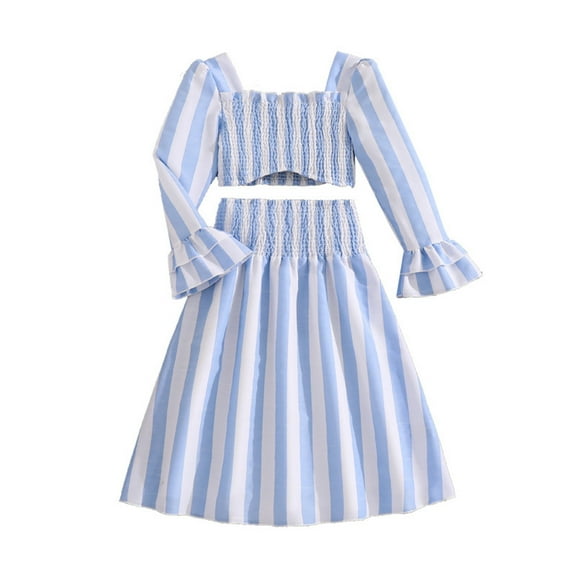 Glisme Girl Outfits Kids Stylish Striped Long Sleeve Top With Skirt Two Piece Set For Autumn Fall Set Cozy Girls Clothing Sky Blue Size 7-8 Years