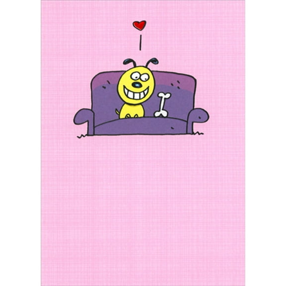 Designer Greetings Dog on Purple Sofa Next to Bone Humorous / Funny Valentine's Day Card