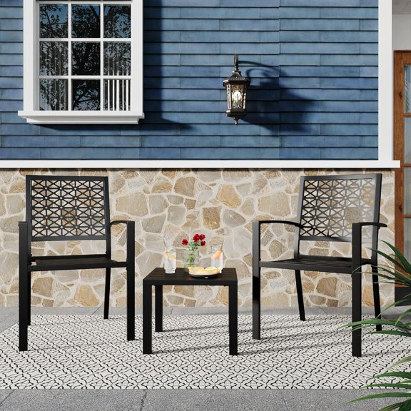 IdeaHouse 3-Piece Patio Bistro Set, Iron Outdoor Table and Stackable Chairs, Weather-Resistant Dining Set for Balcony, Porch, Garden, Small Spaces, Black